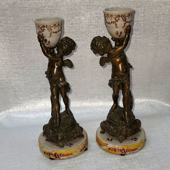 Pair Of Vintage Beautiful Bronze Signed Asian Cherub Sculptures - Picture 7 of 15